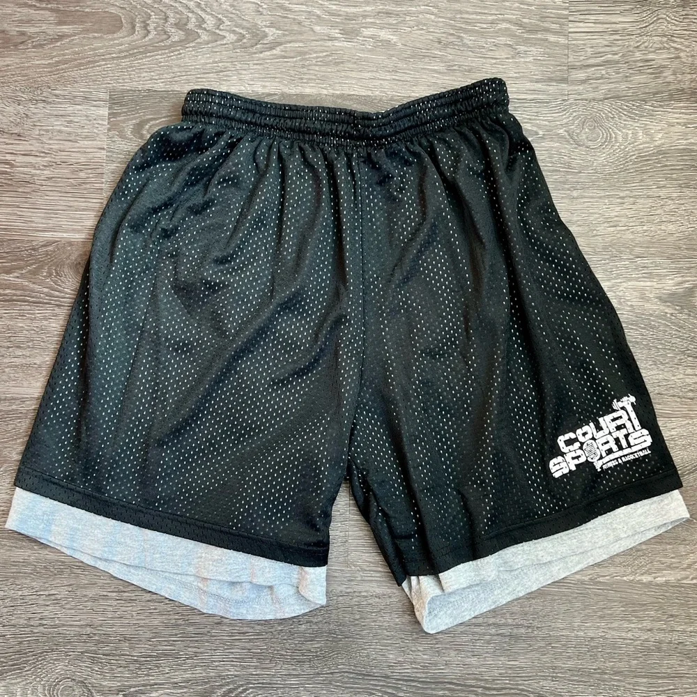 Vintage ROBINSON APPAREL Mens Double Layer Mesh Gym Shorts USA Black Gray  L